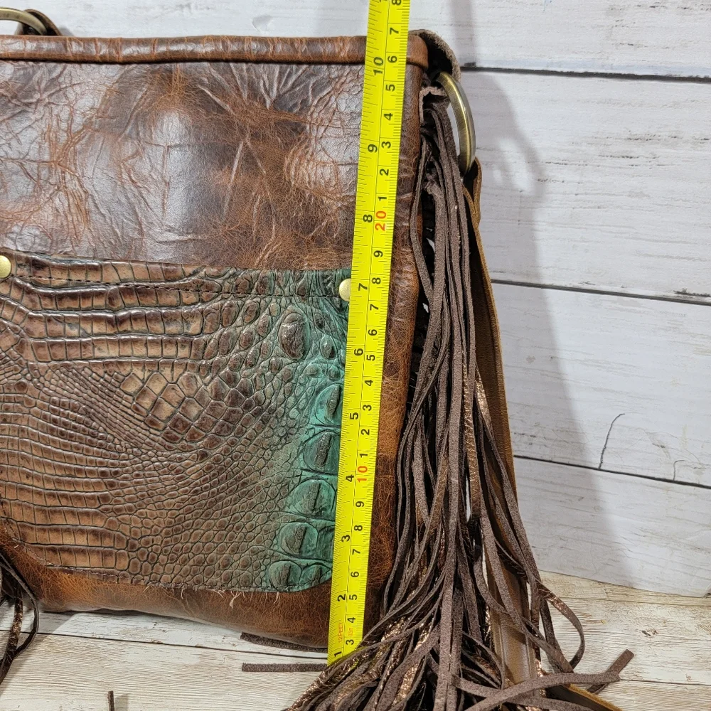 Brown Fringe Crossbody Bag with Croc-Embossed Accent *READ*